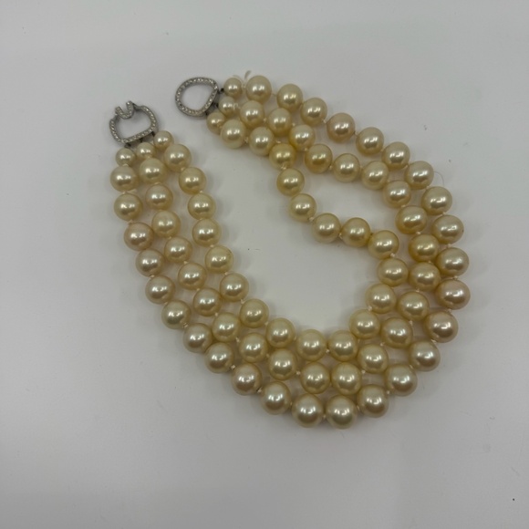 Kenneth Jay Lane Jewelry - Vintage Kenneth Jay Lane Triple Strand Glass Pearls, Silver Pave Crystal Clasp